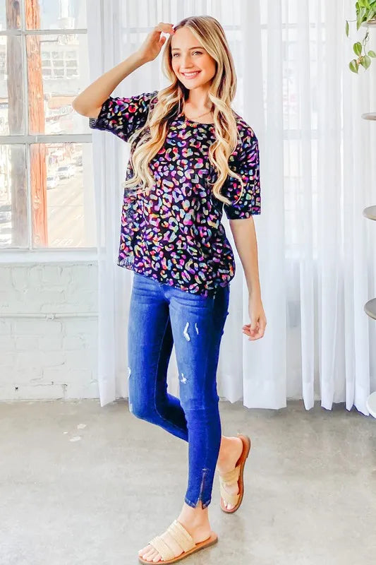 And The Why Leopard Foil Printed Half Sleeve Summer Sweater