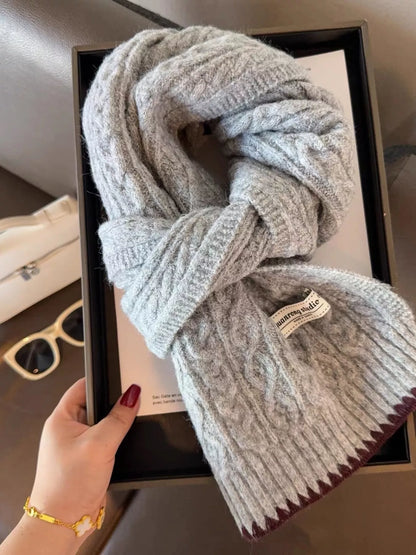 Cozy Knitted Cable-Knit Scarf with Contrast Trim