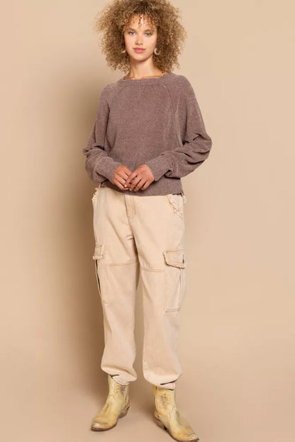 POL Round Neck Backless Sweater with Ribbed Edge