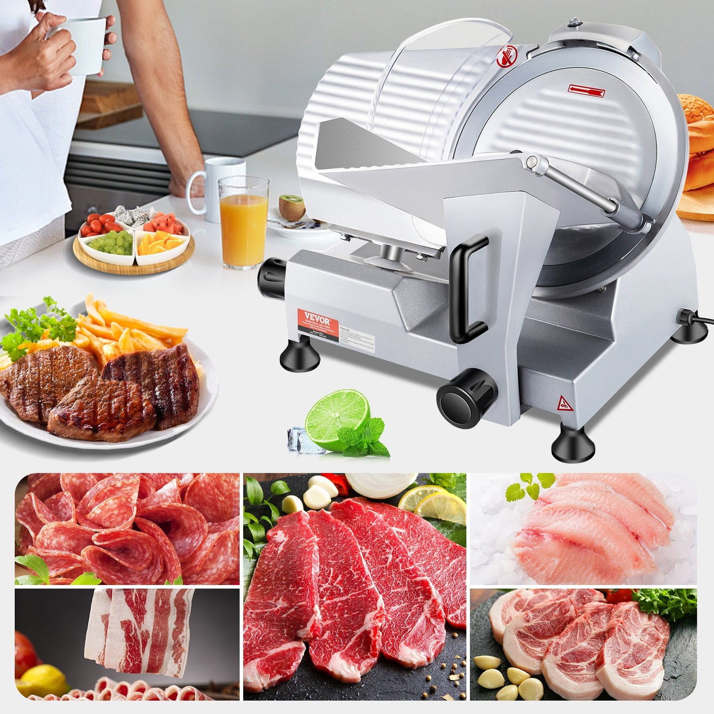 VEVOR 240W Commercial Meat Slicer, Electric Deli Food Slicer, Carbon Steel Blade Electric Food Slicer, 350-400RPM Meat Slicer, 0 - 0.47 Inch Thickness Adjustable For Commercial And Home Use