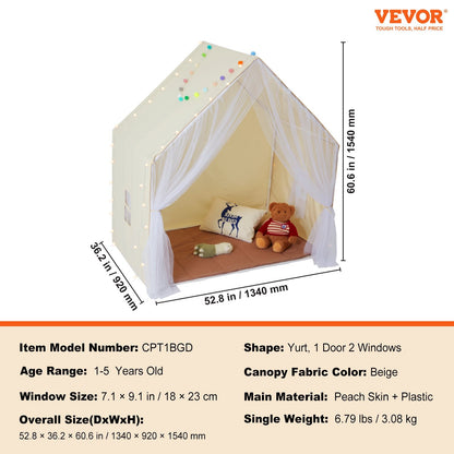 VEVOR Kids Play Tent, Kids Tent For Kids 1-5 Years Old, Toddler Tent With Mat And Tent Lamp, Tent For Kids With Windows For Indoor And Outdoor, Yurt Tent For Boys And Girls, Beige