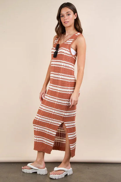 VERY J Stripe Knit Casual Sweater Midi Dress
