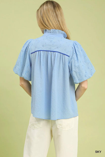 Umgee Puff Sleeve Eyelet Mix Top with Contrast Piping