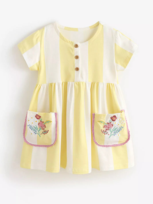 Children's Striped Summer Dress with Floral Pockets