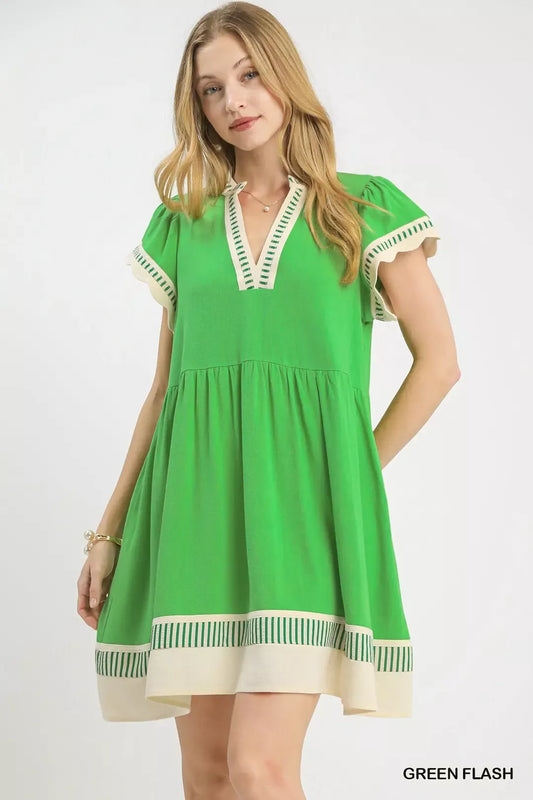 Umgee Linen Color Block Flutter Sleeve Dress