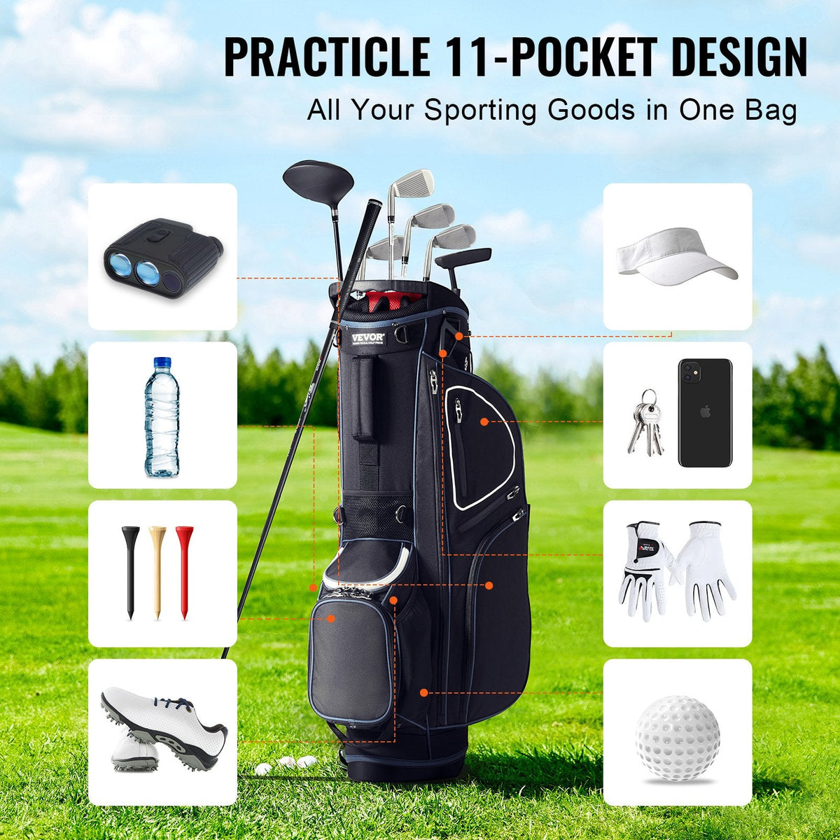 Golf Cart Bag With 14 Way Organizer Divider Top, 35” 11 Pockets Premium Cart Bag With Stand, Durable Golf Bags With Handles & Dust Cover & Detachable Dual Strap For Men & Women, Black White
