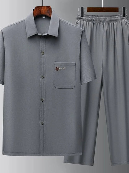 Men's Full Size Button Up Short Sleeve Top and Pants Set Plus Size