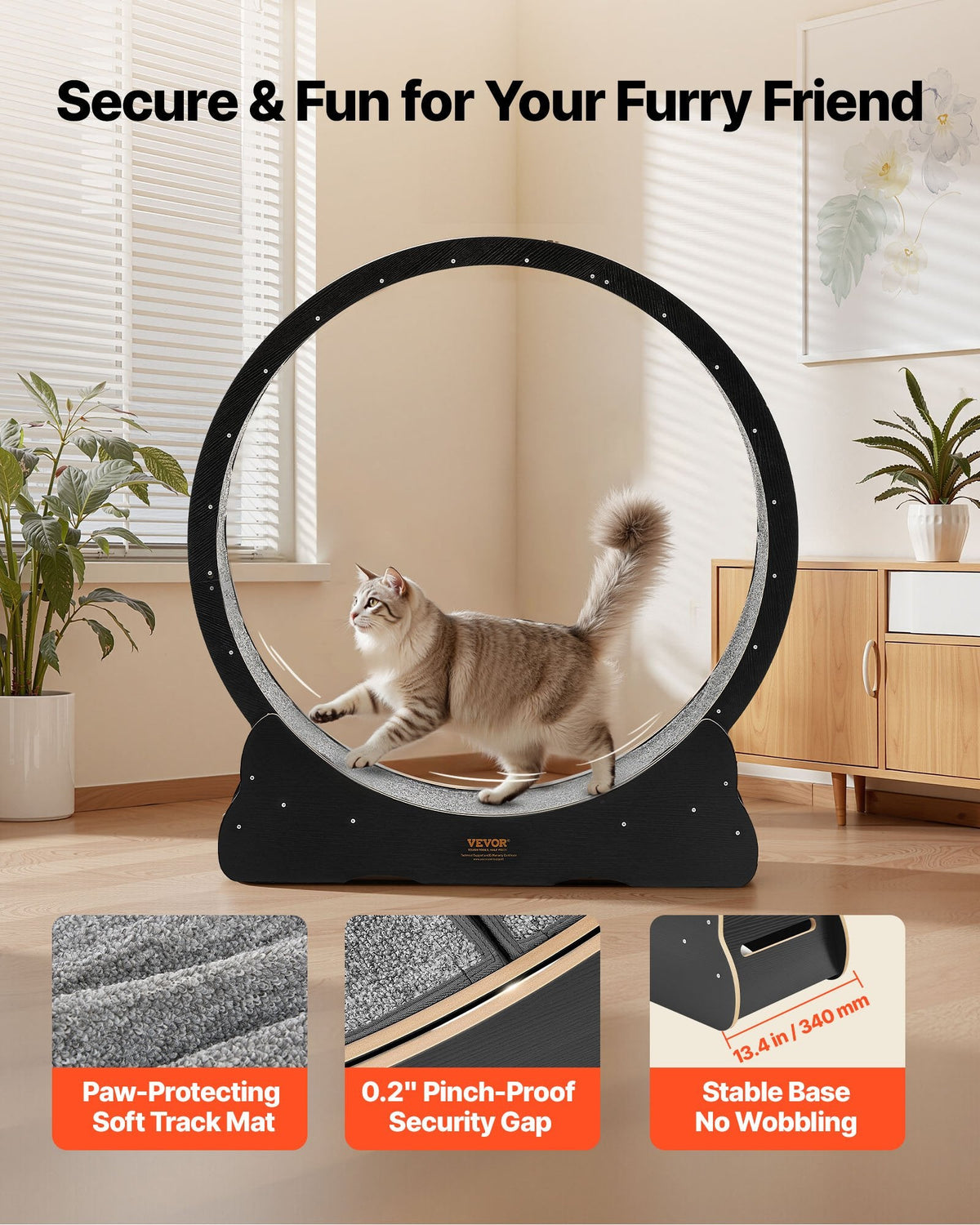 Cat Exercise Wheel, 48 In Wooden Cat Running Wheel For Indoor Cats Up To 28 Lbs, Cats Treadmill With Carpeted Runway & Locking Mechanism, Quiet Kitten Sport Toys For Pets Fitness & Health, Black