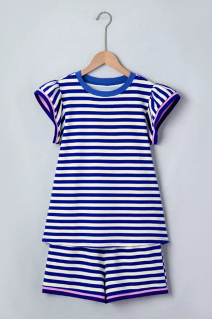 Striped Ruffle Sleeve Top and Shorts Set