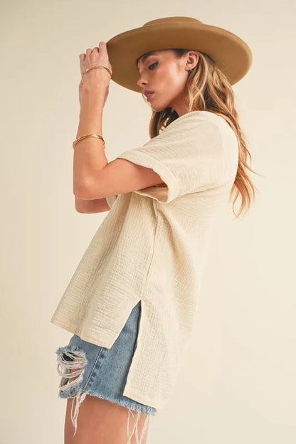 Aemi + Co Side Slit Johnny Collar Short Sleeve Cotton Gauze Blouse