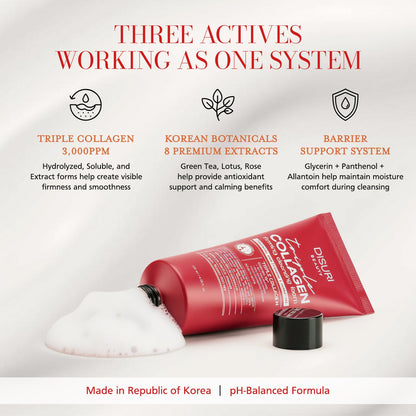 DISURI Triple Collagen Firming Foam - Korean Anti-Aging Cleanser with 3,000ppm Collagen Complex