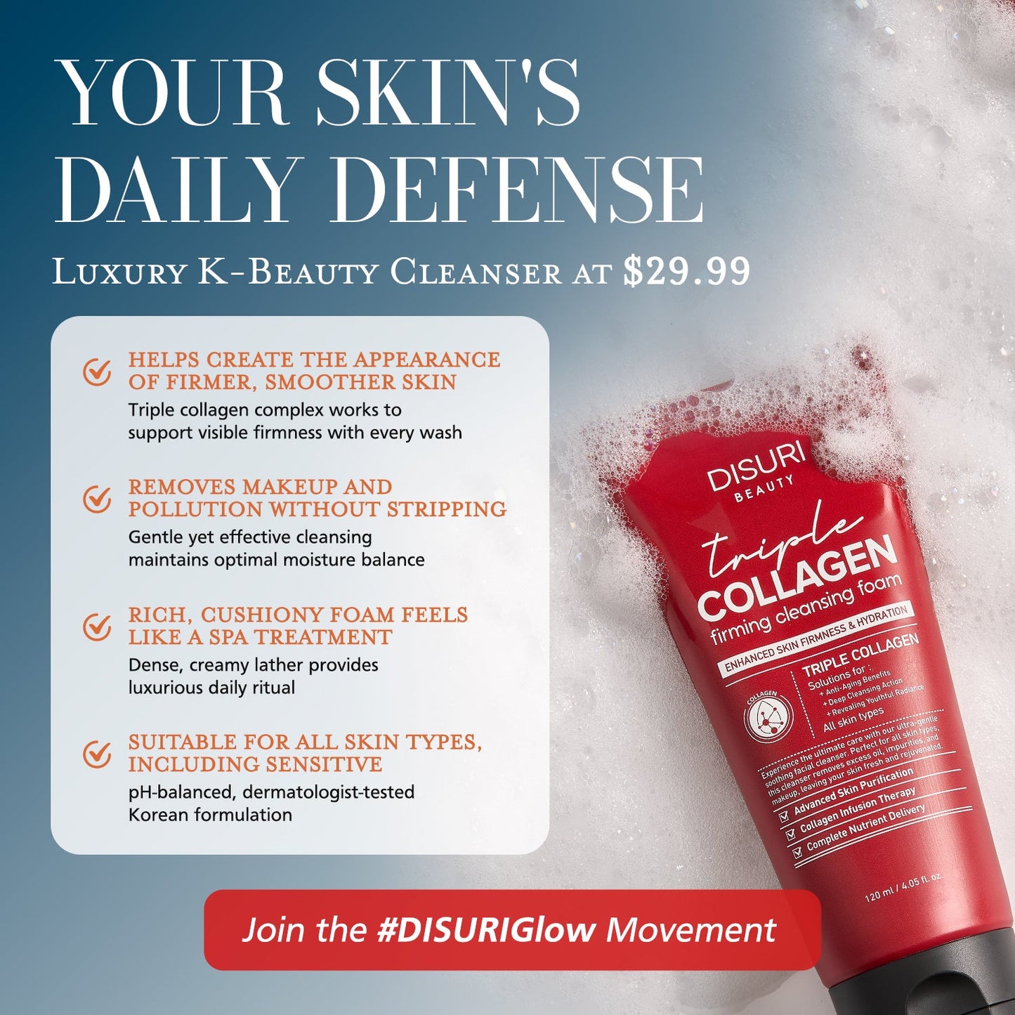 DISURI Triple Collagen Firming Foam - Korean Anti-Aging Cleanser with 3,000ppm Collagen Complex