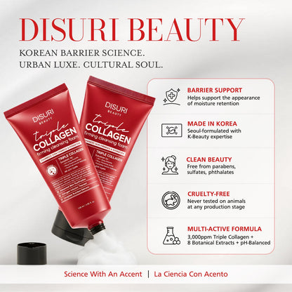DISURI Triple Collagen Firming Foam - Korean Anti-Aging Cleanser with 3,000ppm Collagen Complex