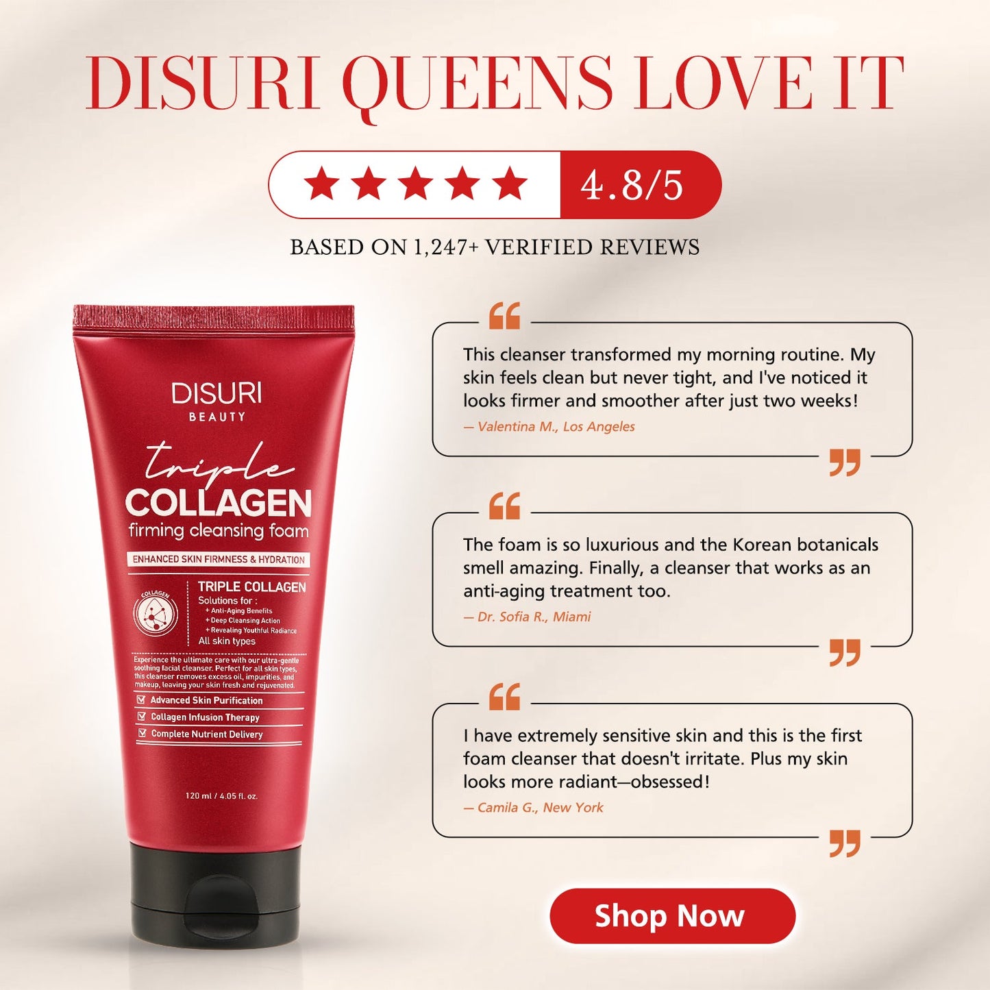DISURI Triple Collagen Firming Foam - Korean Anti-Aging Cleanser with 3,000ppm Collagen Complex