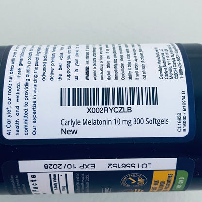 Carlyle Extra Strength Melatonin 10 mg, 300 Softgels, EXP 10/2028
