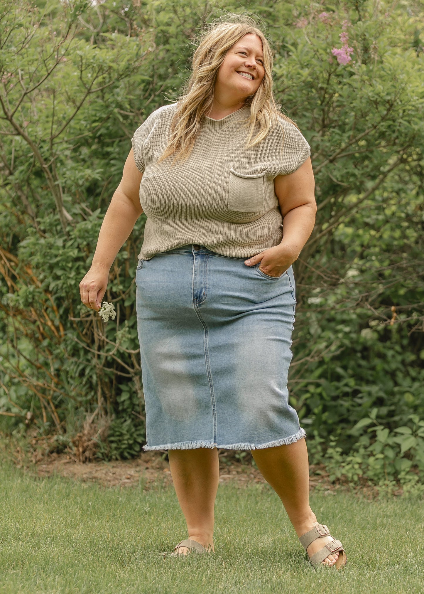 Drew Raw Hem Midi Denim Skirt