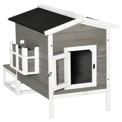 Weatherproof Outdoor Cat House with Porch & Escape Door - Feral Cat Shelter with Plant Stand | Dark Grey/White Wood Construction