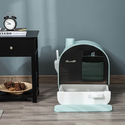 Covered Cat Litter Box with Odor Filter - Complete Privacy Kit with Tray, Scoop & Mat | Green Hooded Litter House