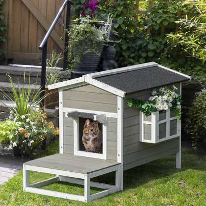 Weatherproof Outdoor Cat House with Porch & Escape Door - Feral Cat Shelter with Plant Stand | Dark Grey/White Wood Construction