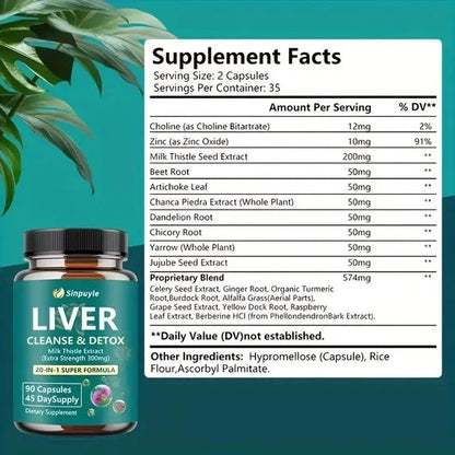 Liver Support Supplement 20-in-1 Detox Formula - Extra Strength Milk Thistle 300mg, 90 Capsules