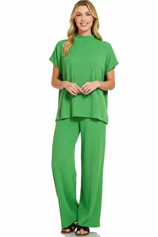Zenana Raised Rib Short Sleeve Tee & Pants Set