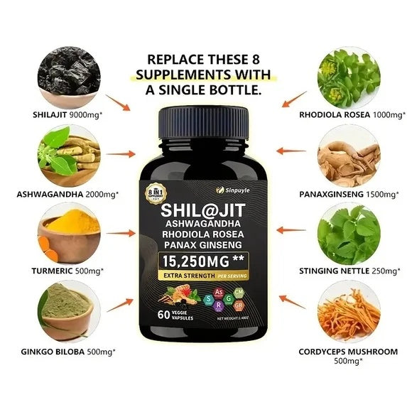 15-in-1 Sea Moss & 8-in-1 Shilajit Ashwagandha Supplement Bundle Energy Mood Support 60 Capsules Each