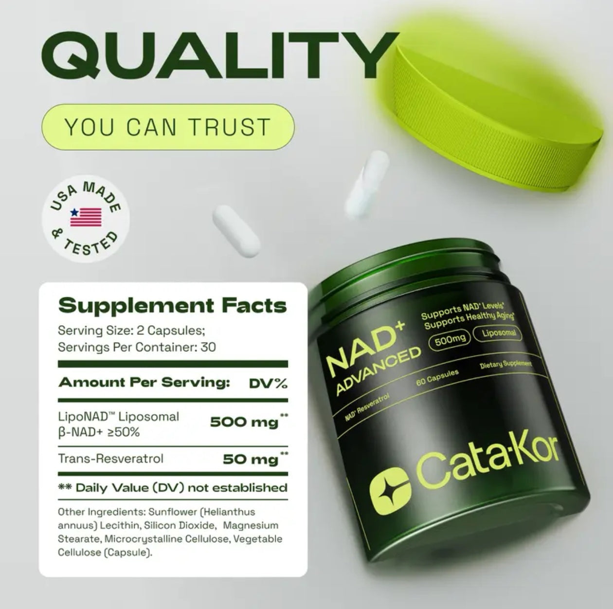 Cata-Kor 500 mg -NAD+ Supplement for Skin Aging Support, Energy, and Focus -60 Count- Vitamin & Wellness Supplements Dietary Healthcare Edible