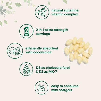 Vitamin D3 K2 Softgels 10,000 IU D3 200 Mcg K2 With Coconut Oil Immune Bone Health Support Non-GMO, Gluten-Free180 Softgels