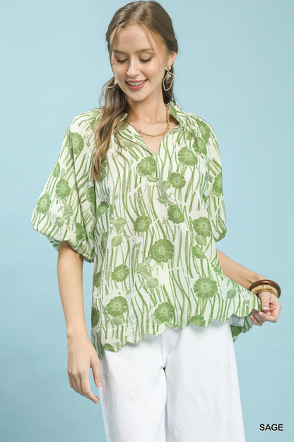Umgee Floral Scalloped Edge Puff Sleeve Blouse with High-Low Curved Hem