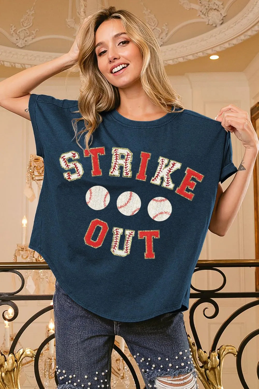 BiBi Strikeout Letter Patches Washed Short Sleeve Top