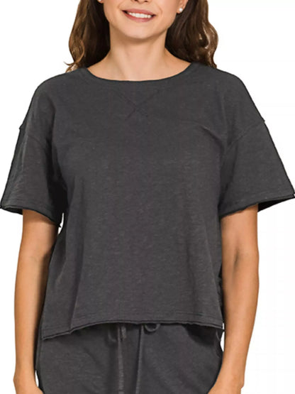 Zenana Cotton Slub Short Sleeve Tee and Pants Set