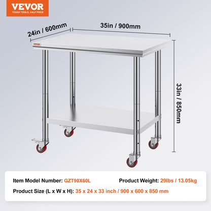 VEVOR Stainless Steel Work Table 36x24 Inch With 4 Wheels Commercial Food Prep Worktable With Casters Heavy Duty Work Table For Commercial Kitchen Restaurant
