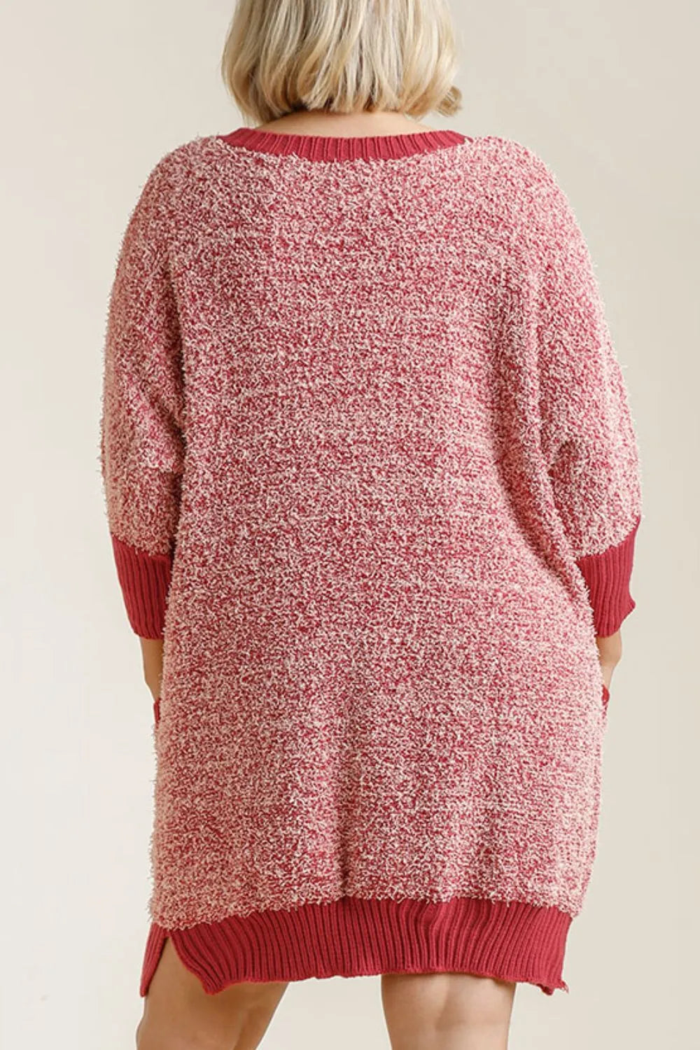 Umgee Full Size Ribbed Hem Round Neck 3/4 Sleeve Sweater Dress with Pockets Plus Size