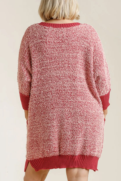 Umgee Full Size Ribbed Hem Round Neck 3/4 Sleeve Sweater Dress with Pockets Plus Size