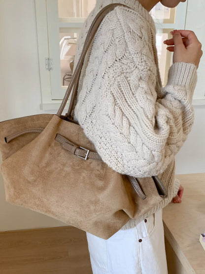 Solid Color Buckle Tote Bag