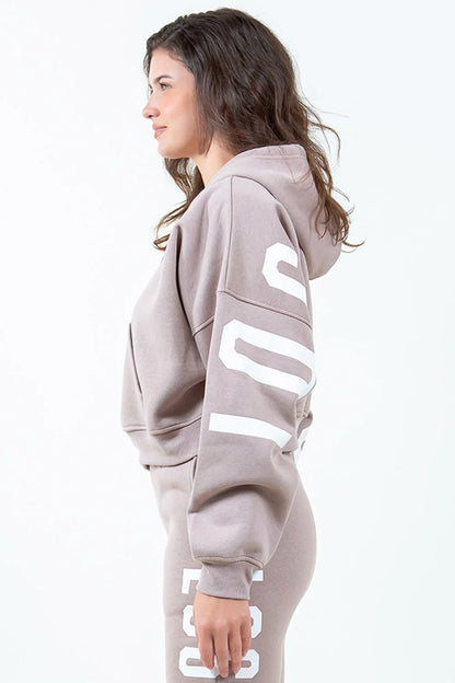 American Bazi Letter Graphic Long Sleeve Drawstring Cropped Hoodie