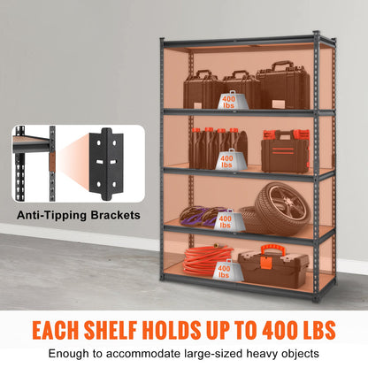 VEVOR Storage Shelving Unit, 5-Tier Adjustable, 2000 Lbs Capacity, Heavy Duty Garage Shelves Metal Organizer Utility Rack, Black,  For Kitchen Pantry Basement Bathroom Laundry