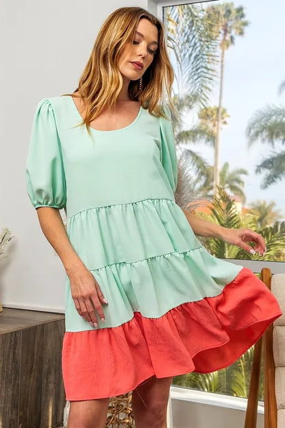 BiBi Two-Tone Balloon Sleeves U Neck Tiered Ruffle Hem Mini Dress
