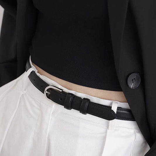 Skinny Leather Belt with Silver Buckle