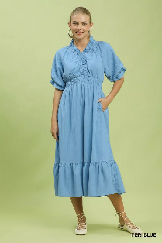 Umgee Ruffle V-Neck Midi Dress
