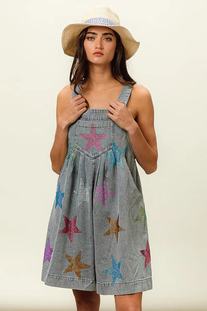 BiBi Star Rhinestone Washed Wide Leg Shortalls
