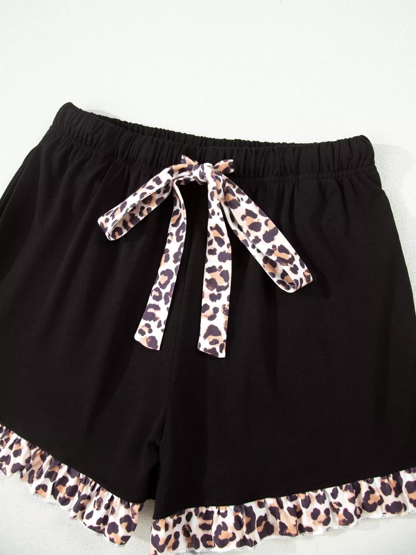 k Leopard Patchwork Trim Lapel Shirt Drawstring Shorts 2pcs Pajama Set