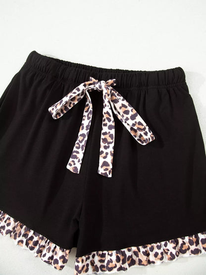 k Leopard Patchwork Trim Lapel Shirt Drawstring Shorts 2pcs Pajama Set
