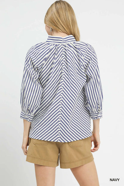 Umgee Striped V-Neck Button Down Top