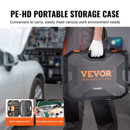 VEVOR Mechanics Tool Set And Socket Set,  Drive Deep And Standard Sockets, 145 Pcs SAE And Metric Mechanic Tool Kit With Bits, Combination Wrench, Hex Wrenches, Accessories, Storage Case