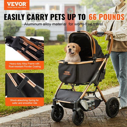 Pet Stroller, 4 Wheels Dog Stroller Rotate With Brakes, 66 Lbs Weight Capacity, Puppy Stroller With Detachable Carrier, Storage Basket And Pet Pad, For Small To Medium Sized Dogs, Black