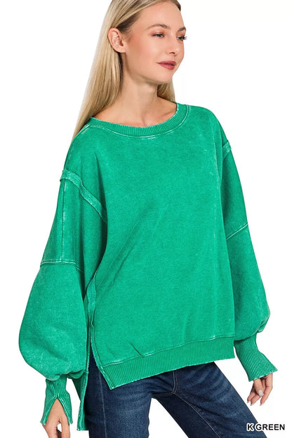 Zenana Acid Washed Batwing Sleeve Fleece Sweatshirt