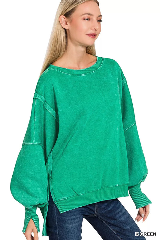 Zenana Acid Washed Batwing Sleeve Fleece Sweatshirt