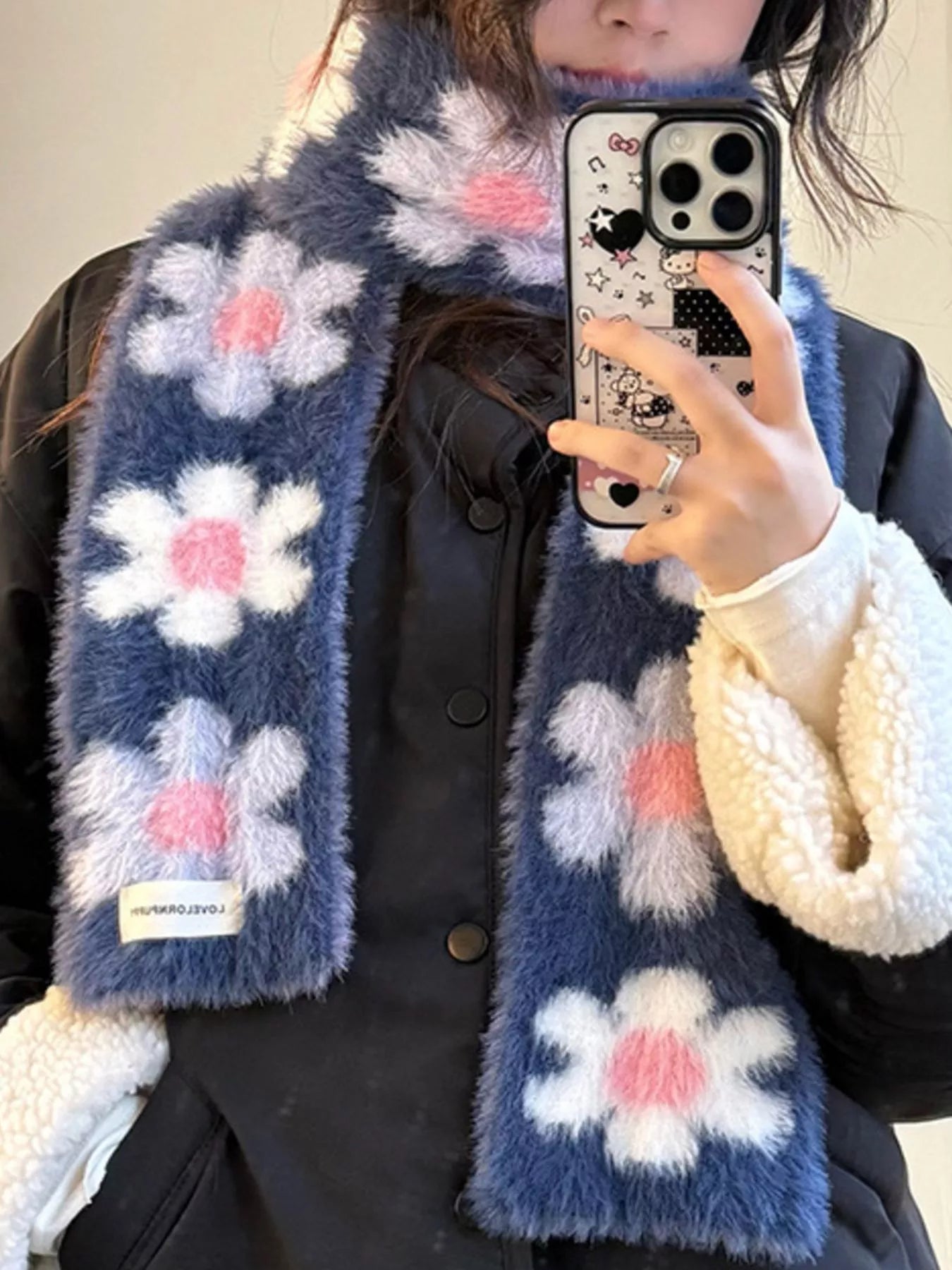 Floral Fuzzy Knit Scarf