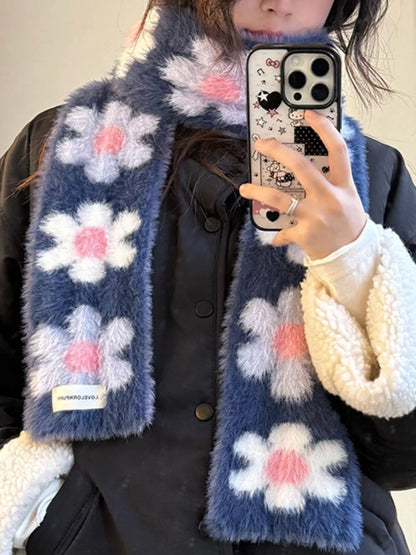 Floral Fuzzy Knit Scarf